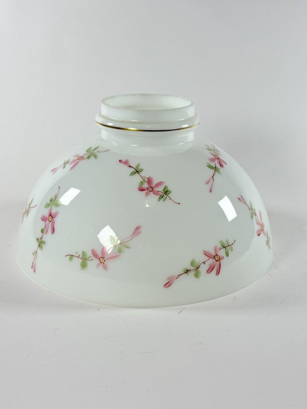 Vintage Milk Glass Hurricane Lamp Shade Pink Floral Gold Trim Student Lamp